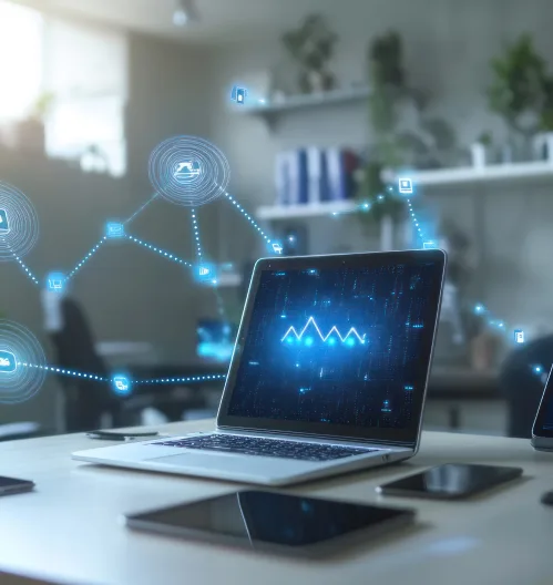 Laptop and devices showing marketing automation dashboards
