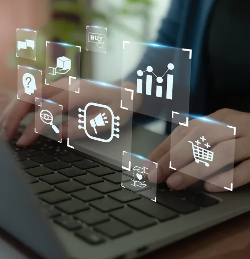 Laptop connected to a network of business systems